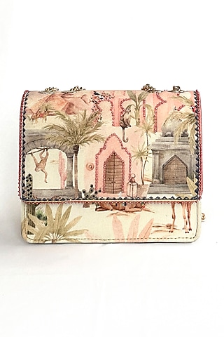 Cream Cotton Canvas Monuments Printed Sling Bag by The Garnish Company