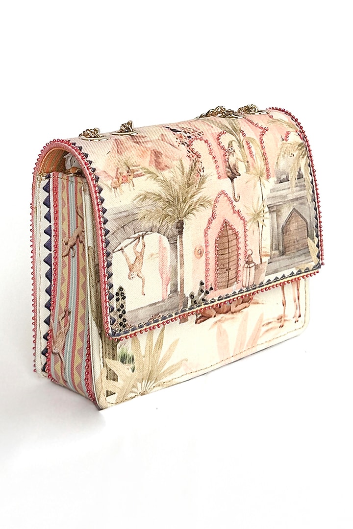 Cream Cotton Canvas Monuments Printed Sling Bag by The Garnish Company at Pernia's Pop Up Shop