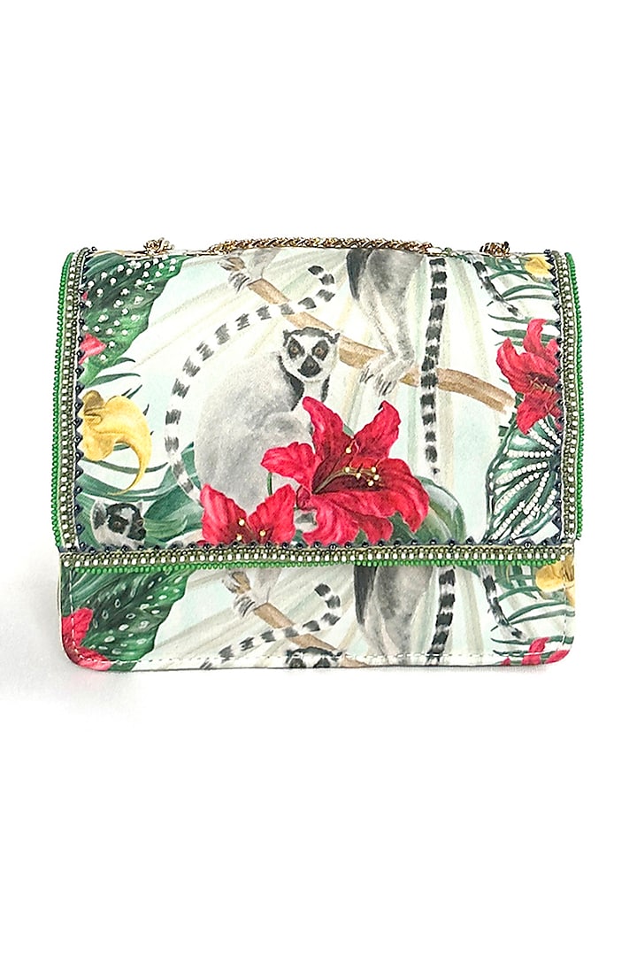 Green Satin Floral Printed Sling Bag by The Garnish Company at Pernia's Pop Up Shop