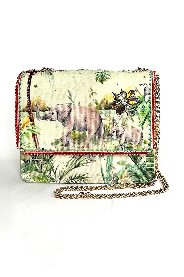 Green Cotton Canvas Elephant Printed Sling Bag by The Garnish Company at Pernia's Pop Up Shop