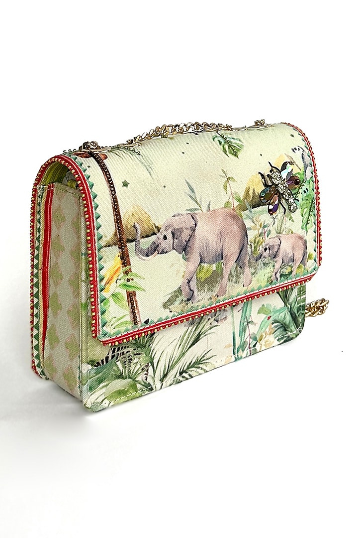 Green Cotton Canvas Elephant Printed Sling Bag by The Garnish Company at Pernia's Pop Up Shop