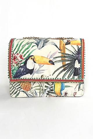 White Cotton Canvas Printed Sling Bag by The Garnish Company