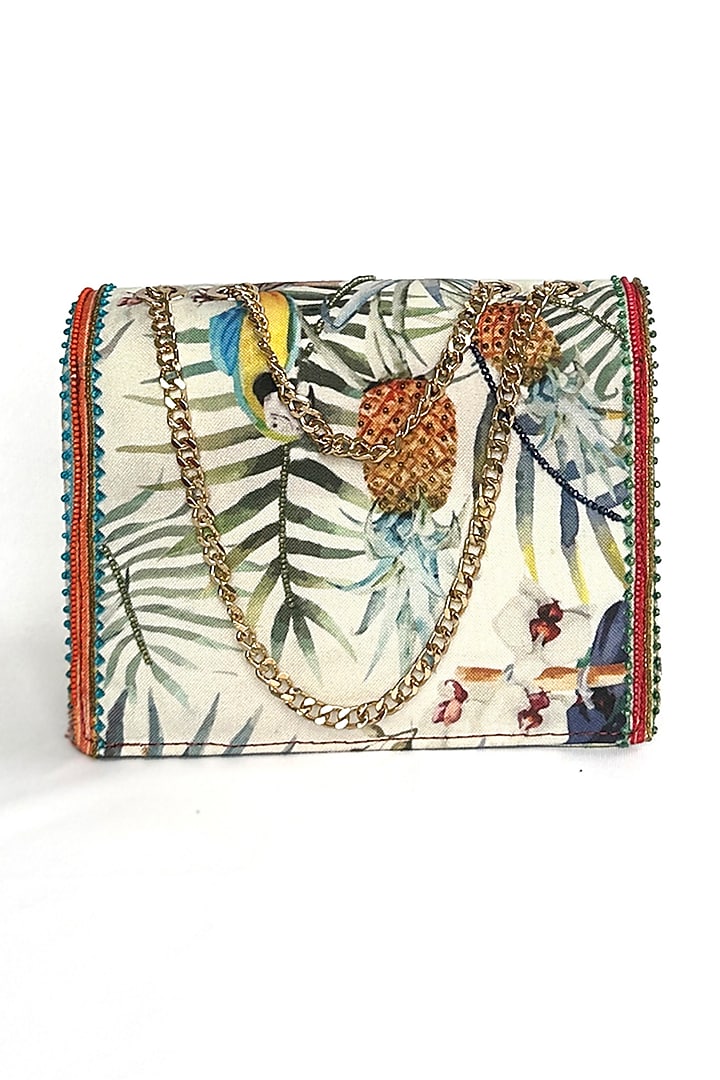 White Cotton Canvas Printed Sling Bag by The Garnish Company at Pernia's Pop Up Shop