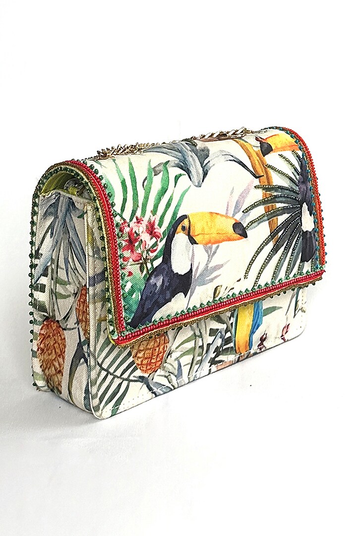 White Cotton Canvas Printed Sling Bag by The Garnish Company at Pernia's Pop Up Shop