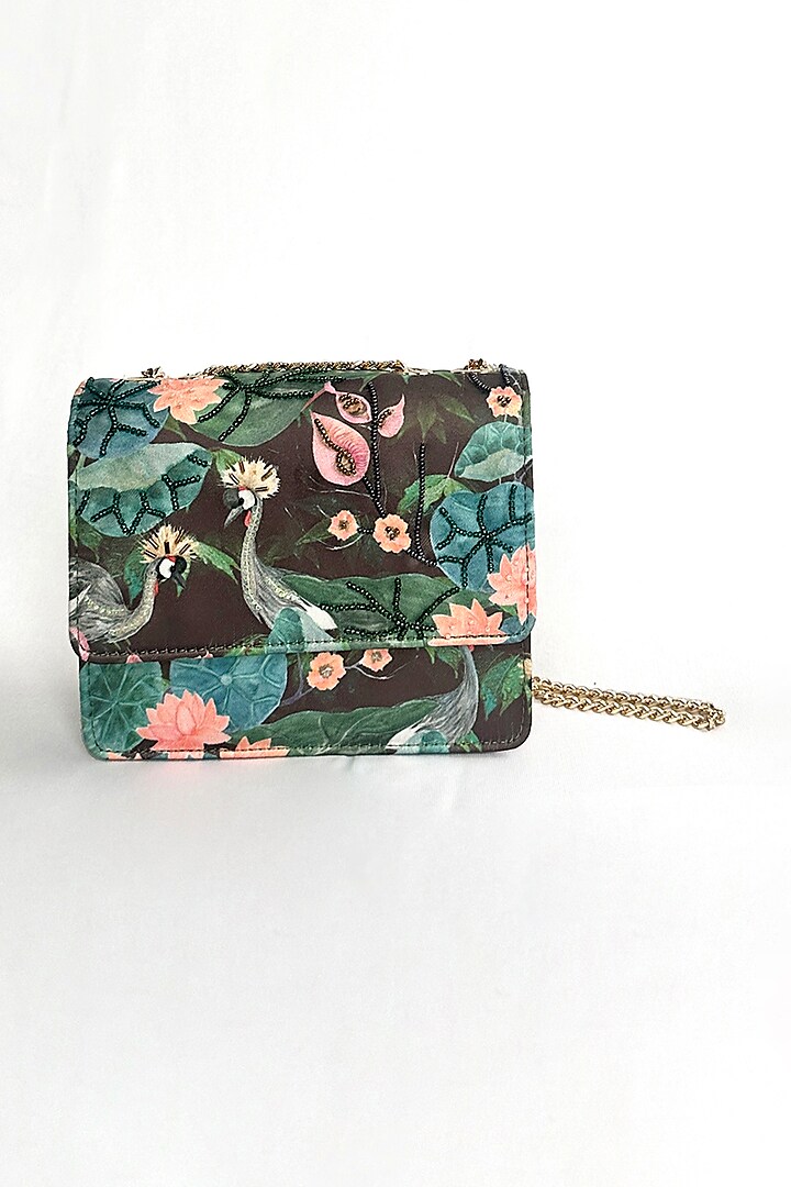 Black Cotton Canvas Foliage & Crane Printed Sling Bag by The Garnish Company at Pernia's Pop Up Shop