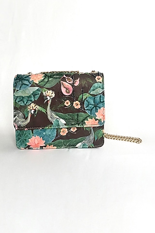 Black Cotton Canvas Foliage & Crane Printed Sling Bag by The Garnish Company