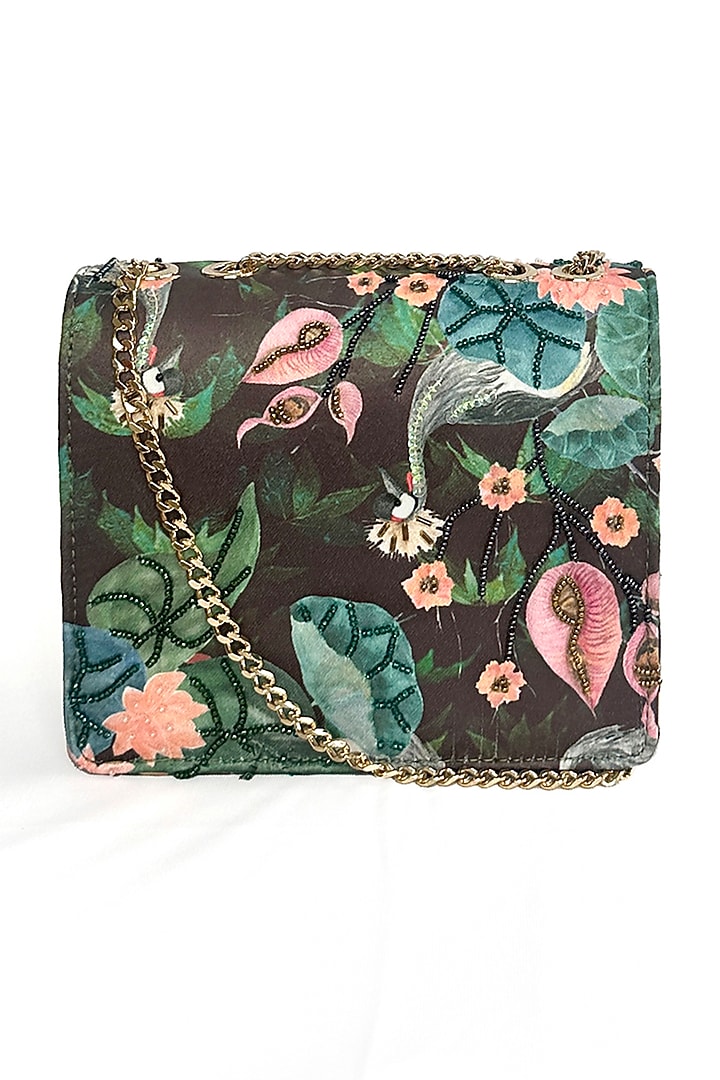 Black Cotton Canvas Foliage & Crane Printed Sling Bag by The Garnish Company at Pernia's Pop Up Shop