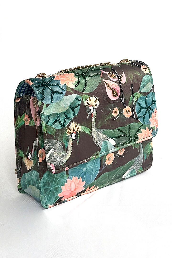 Black Cotton Canvas Foliage & Crane Printed Sling Bag by The Garnish Company at Pernia's Pop Up Shop