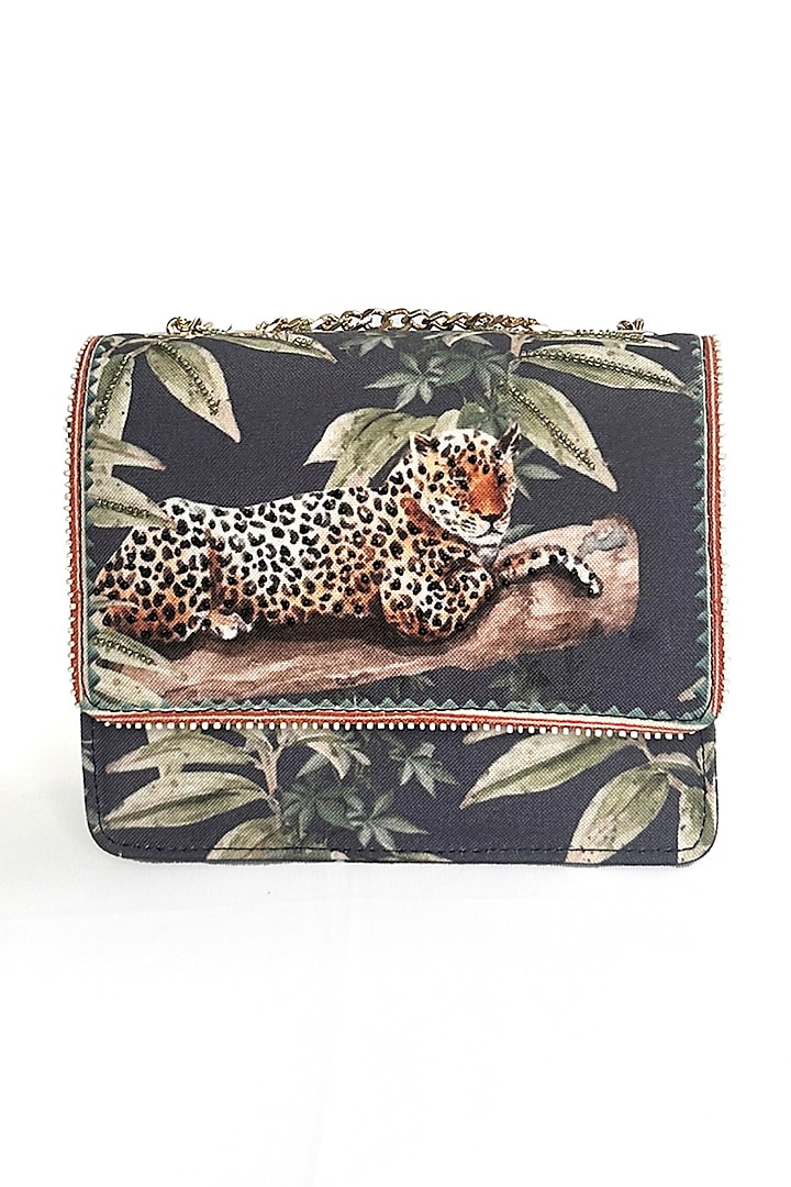 Black Cotton Canvas Jaguar Printed Sling Bag by The Garnish Company at Pernia's Pop Up Shop