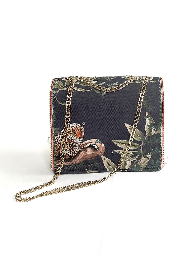 Black Cotton Canvas Jaguar Printed Sling Bag by The Garnish Company at Pernia's Pop Up Shop