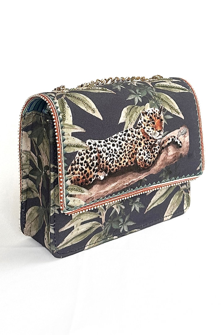 Black Cotton Canvas Jaguar Printed Sling Bag by The Garnish Company at Pernia's Pop Up Shop