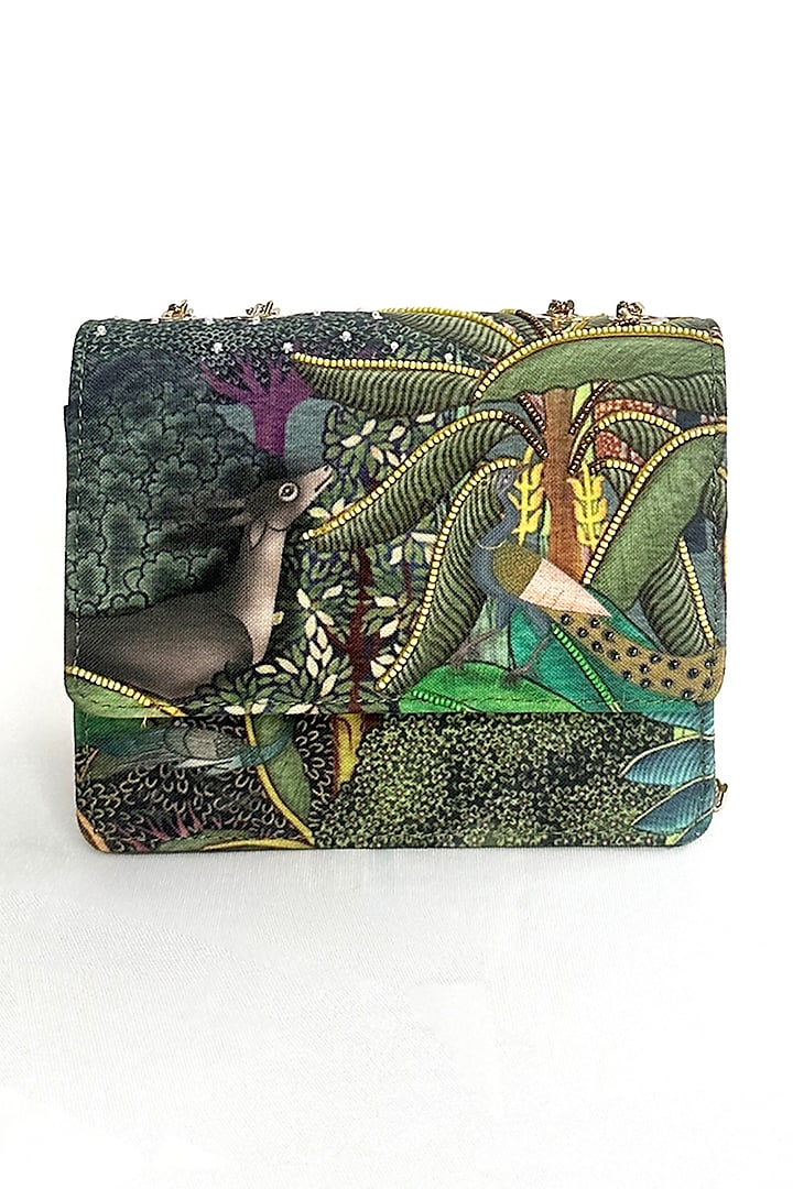 Green Cotton Canvas Forest Printed Sling Bag by The Garnish Company at Pernia's Pop Up Shop