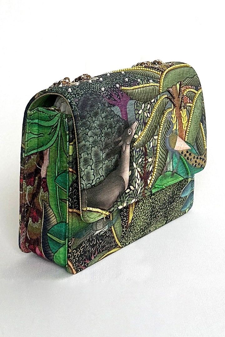 Green Cotton Canvas Forest Printed Sling Bag by The Garnish Company at Pernia's Pop Up Shop