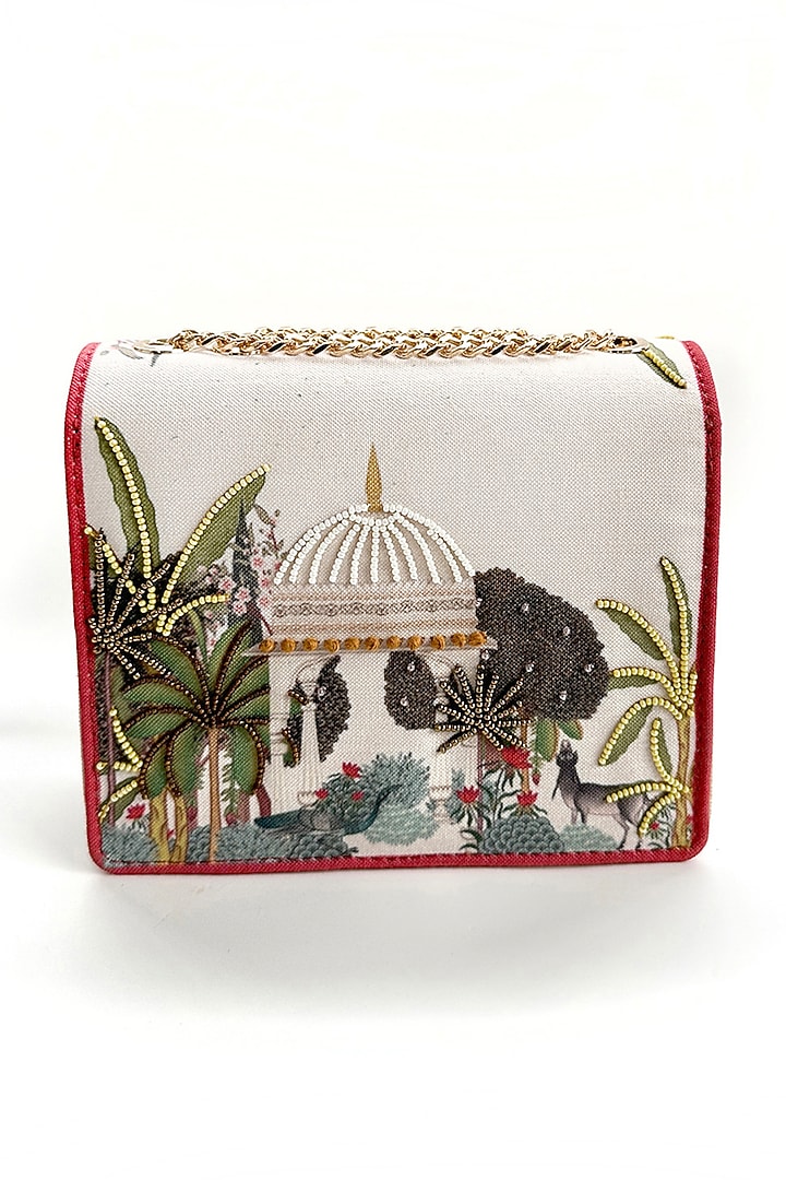 Cream Cotton Canvas Forest Printed Sling Bag by The Garnish Company at Pernia's Pop Up Shop