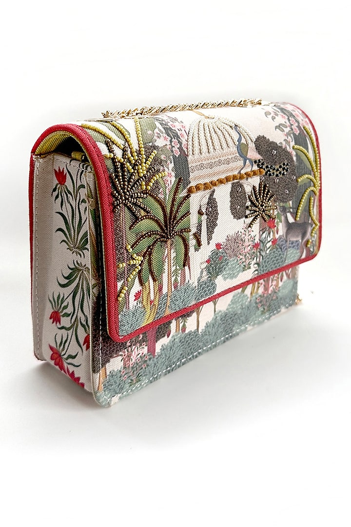 Cream Cotton Canvas Forest Printed Sling Bag by The Garnish Company at Pernia's Pop Up Shop