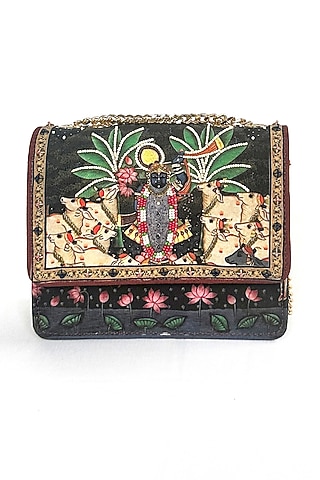 Black Cotton Canvas Kanah & Cow Printed Sling Bag by The Garnish Company