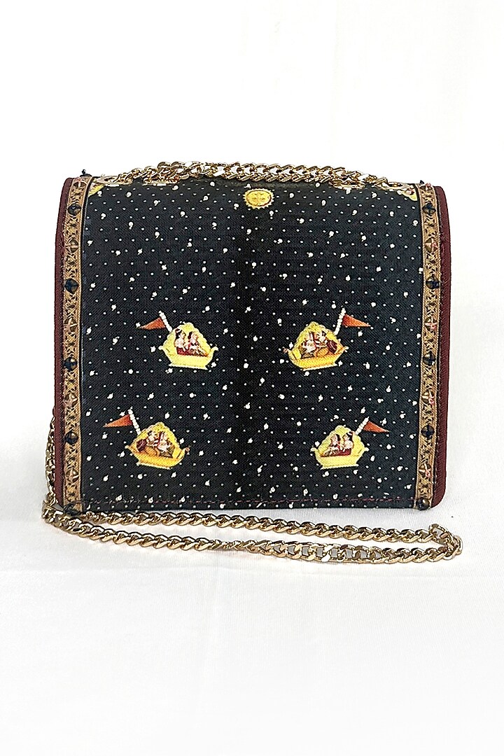 Black Cotton Canvas Kanah & Cow Printed Sling Bag by The Garnish Company at Pernia's Pop Up Shop