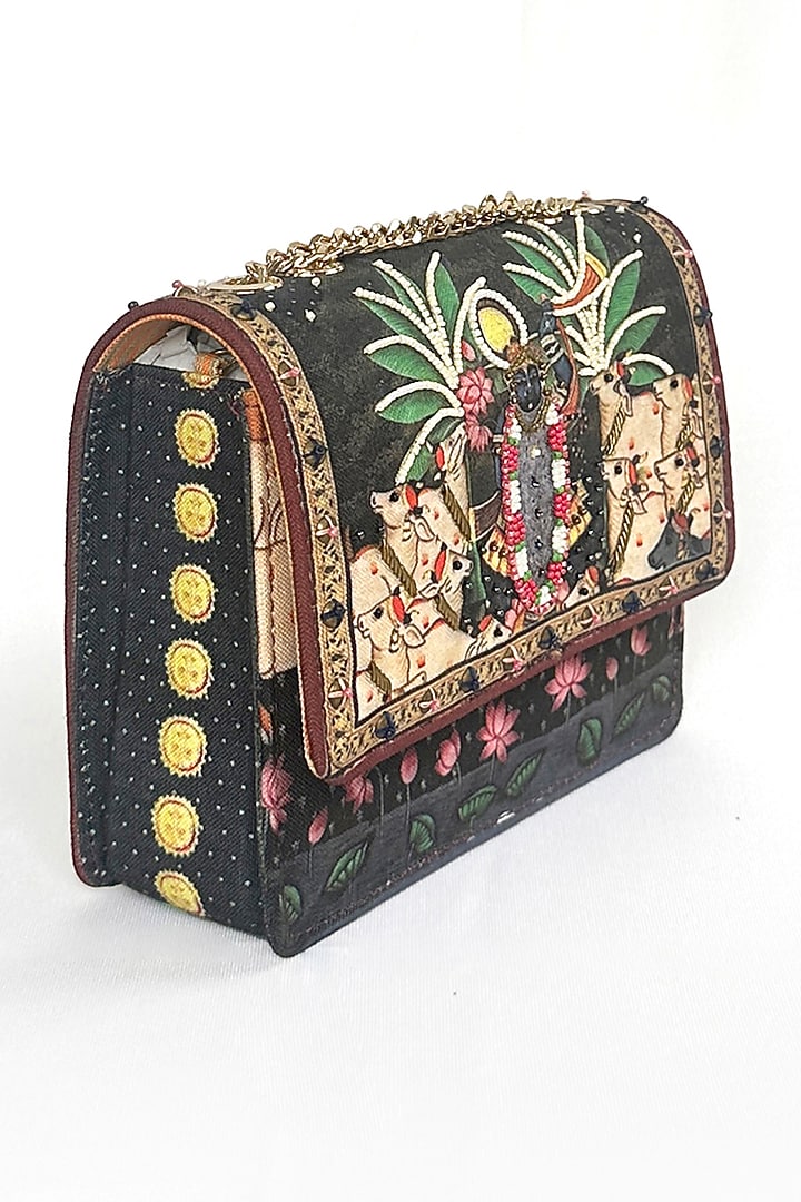 Black Cotton Canvas Kanah & Cow Printed Sling Bag by The Garnish Company at Pernia's Pop Up Shop