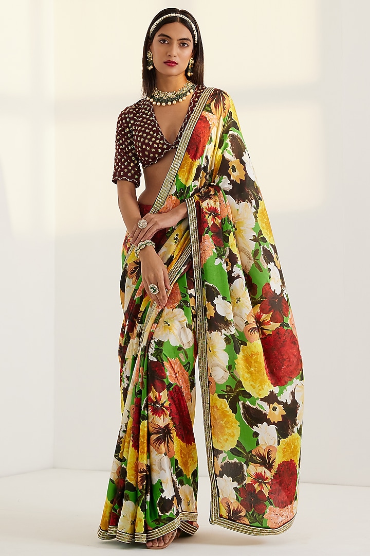 Multi-Coloured Hand Embroidered Wedding Saree Set by Prints By Radhika at Pernia's Pop Up Shop