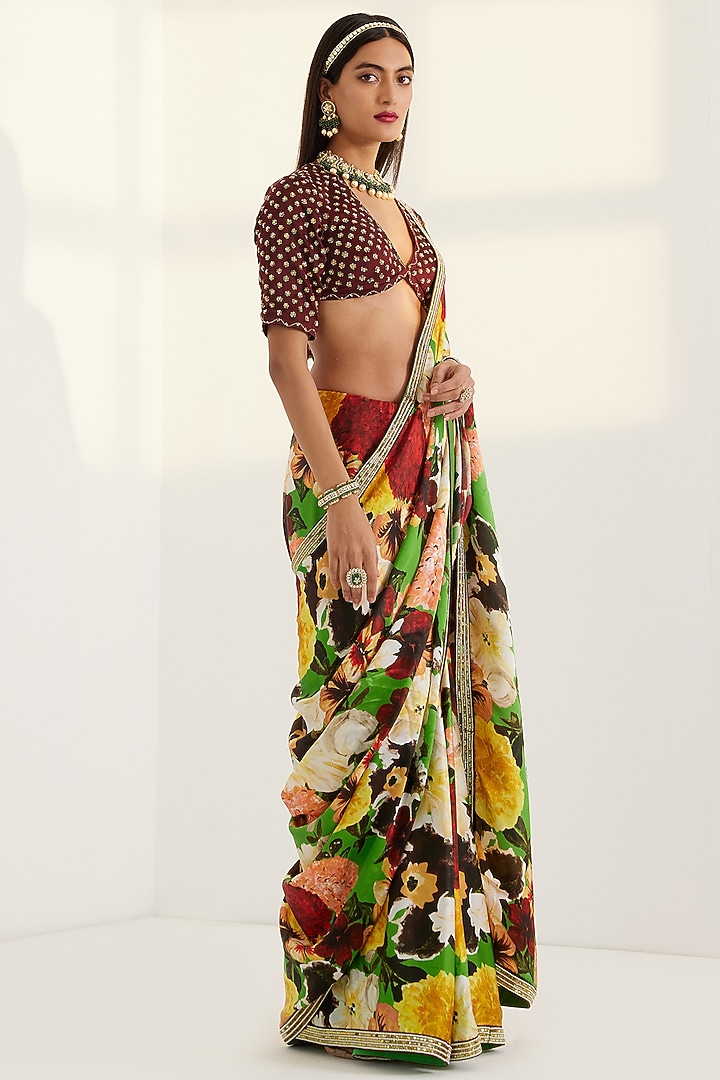 Multi-Coloured Hand Embroidered Wedding Saree Set by Prints By Radhika at Pernia's Pop Up Shop