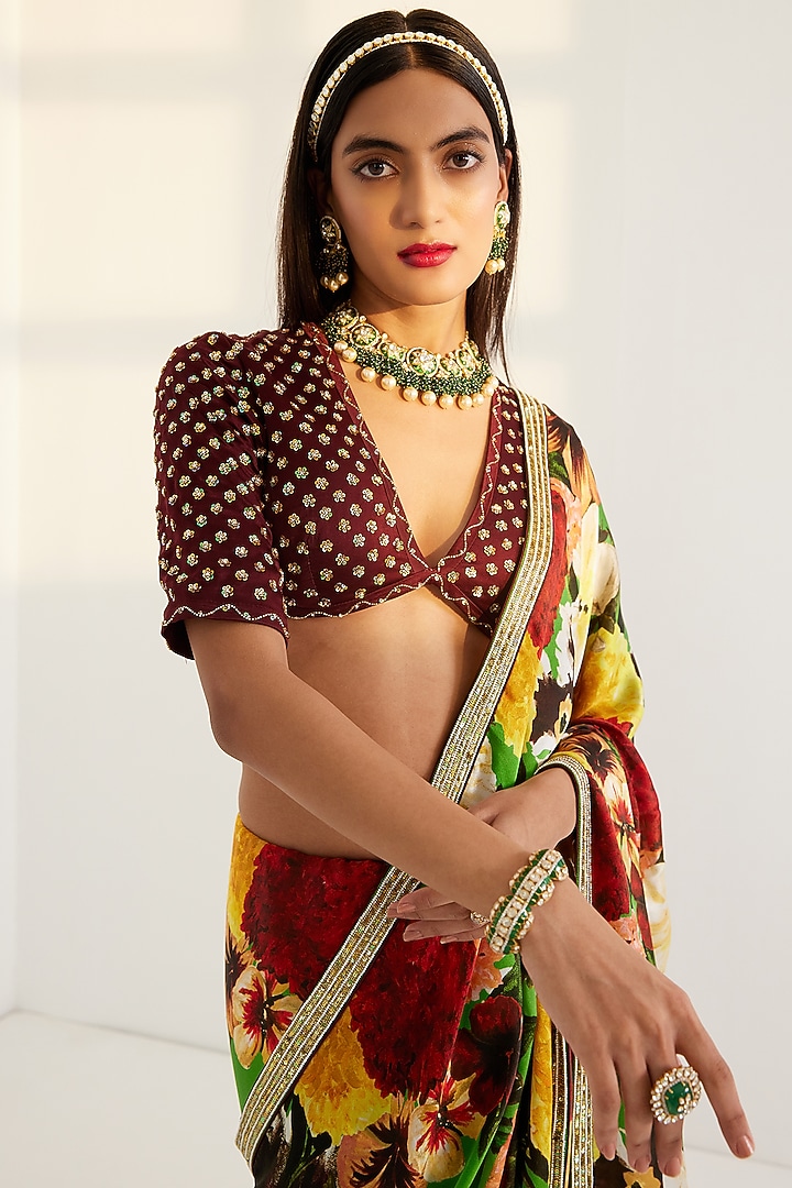 Multi-Coloured Hand Embroidered Wedding Saree Set by Prints By Radhika at Pernia's Pop Up Shop