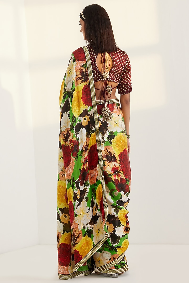 Multi-Coloured Hand Embroidered Wedding Saree Set by Prints By Radhika at Pernia's Pop Up Shop