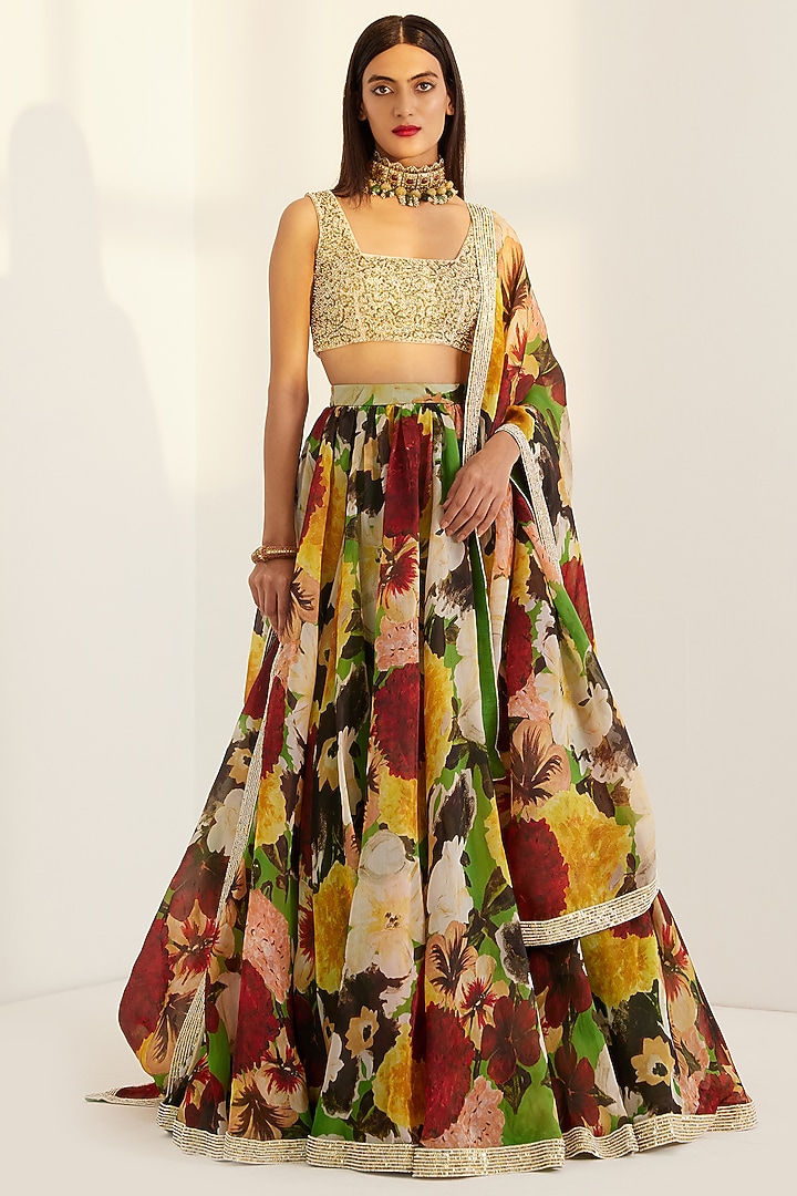 Multi-Coloured Hand Embroidered Wedding Lehenga Set by Prints By Radhika at Pernia's Pop Up Shop