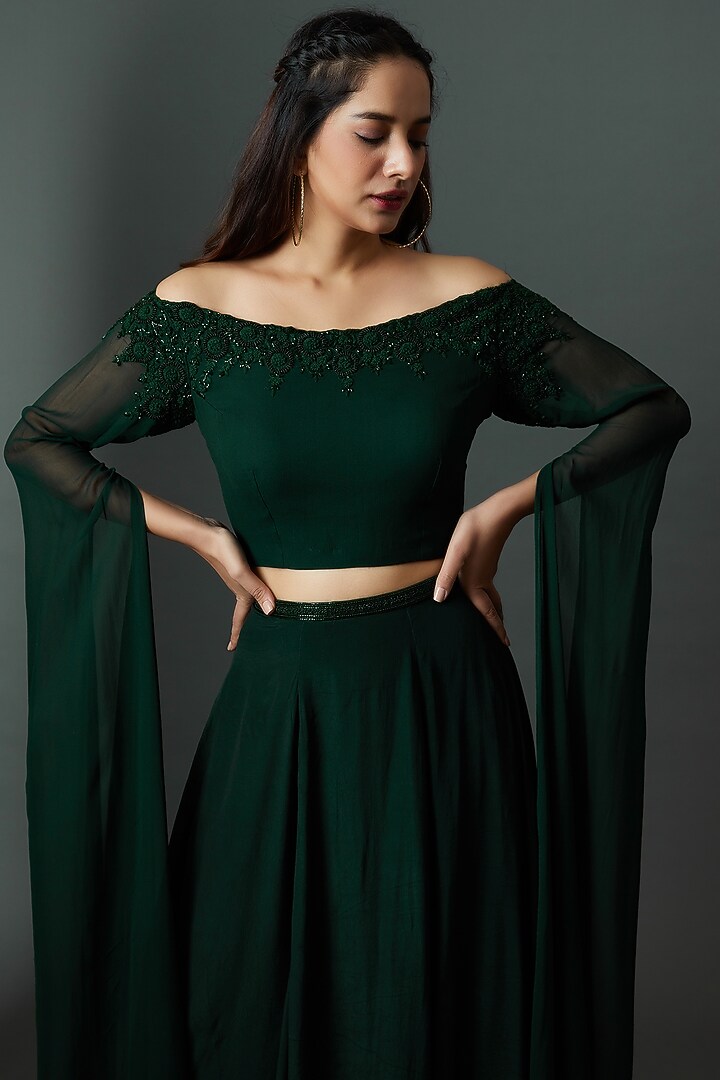 Bottle Green Georgette Skirt Set by 28 Threads at Pernia's Pop Up Shop