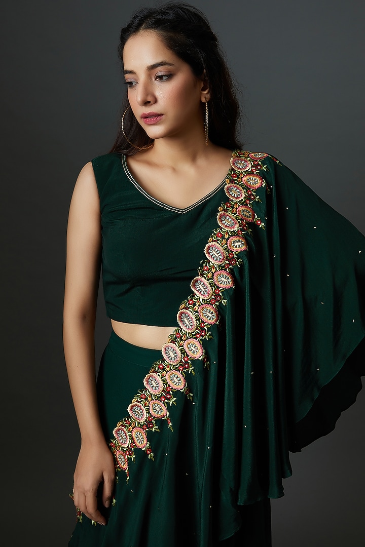 Bottle Green Crepe & Georgette Wedding Lehenga Set by 28 Threads at Pernia's Pop Up Shop