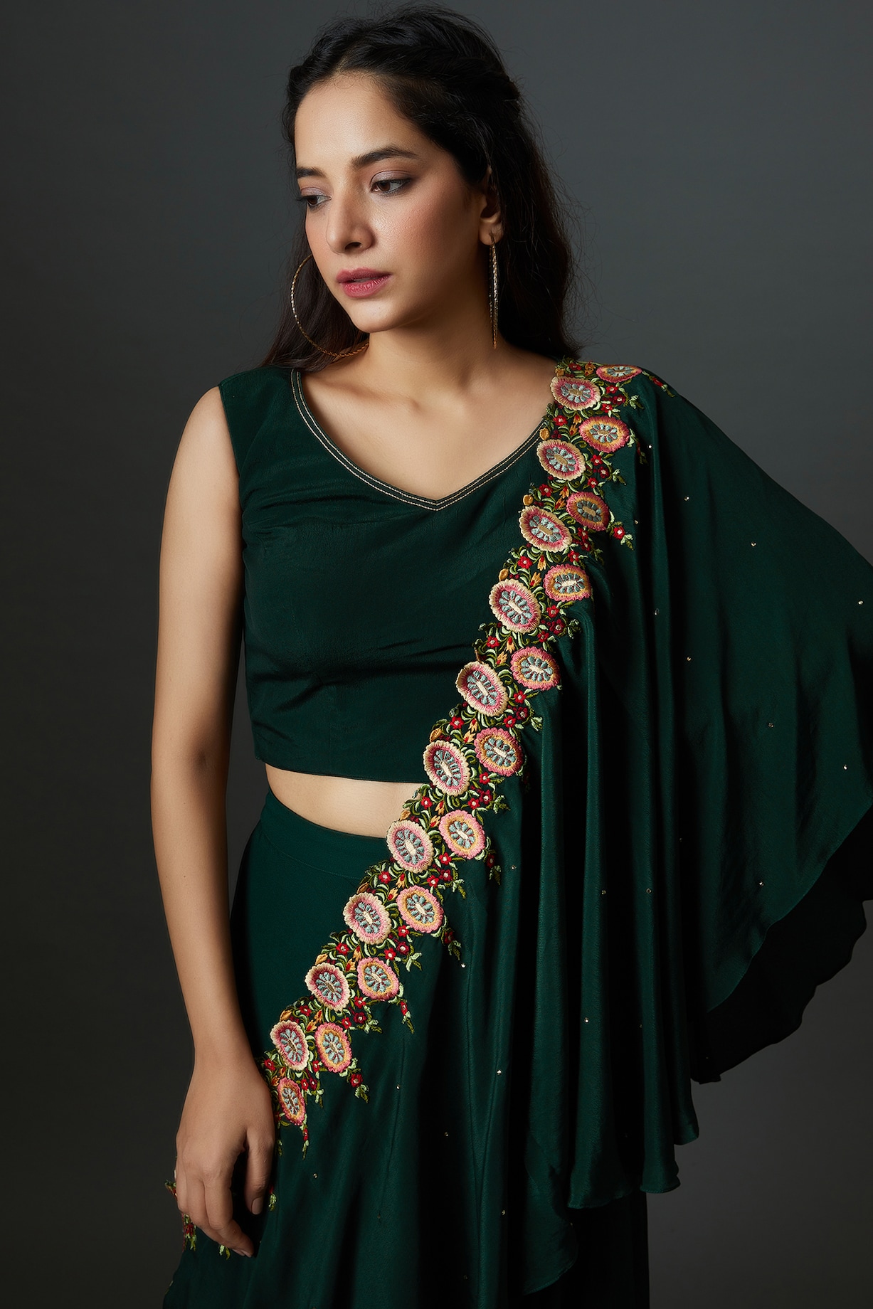 Premium Bottle Green Georgette Lehenga Set with Golden Zari Vine Patterns & Multicolor Floral Border Embroidered Dupatta - Buy