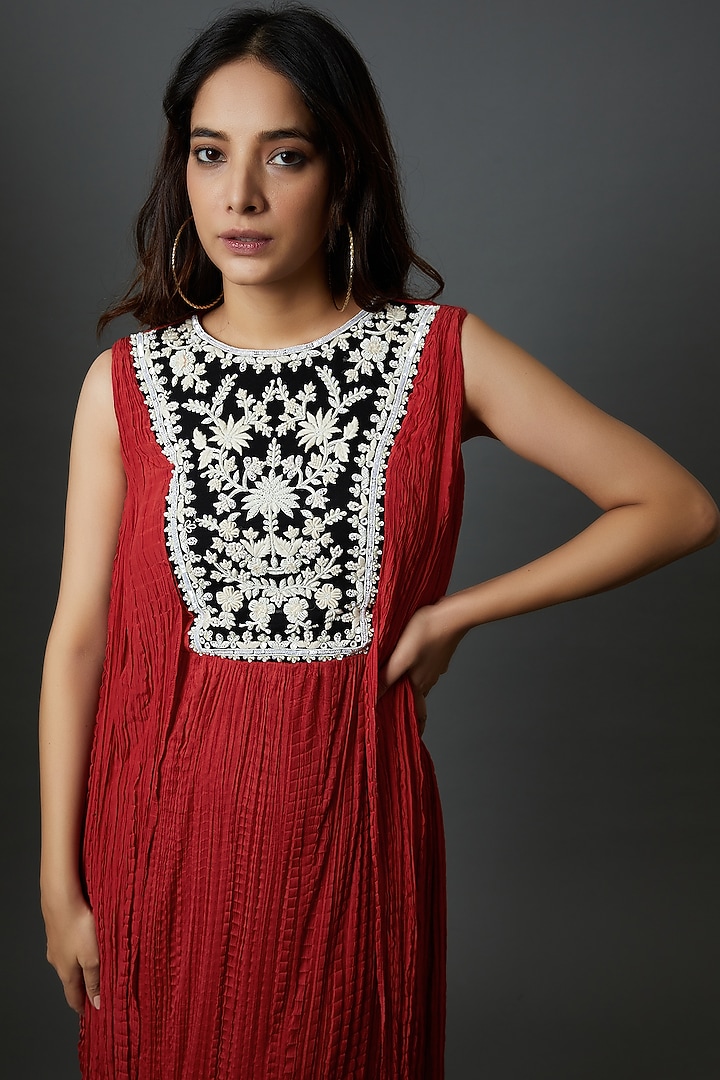 Red Crepe & Chiffon Hand Embroidered Crushed Cocktail Dress by 28 Threads at Pernia's Pop Up Shop