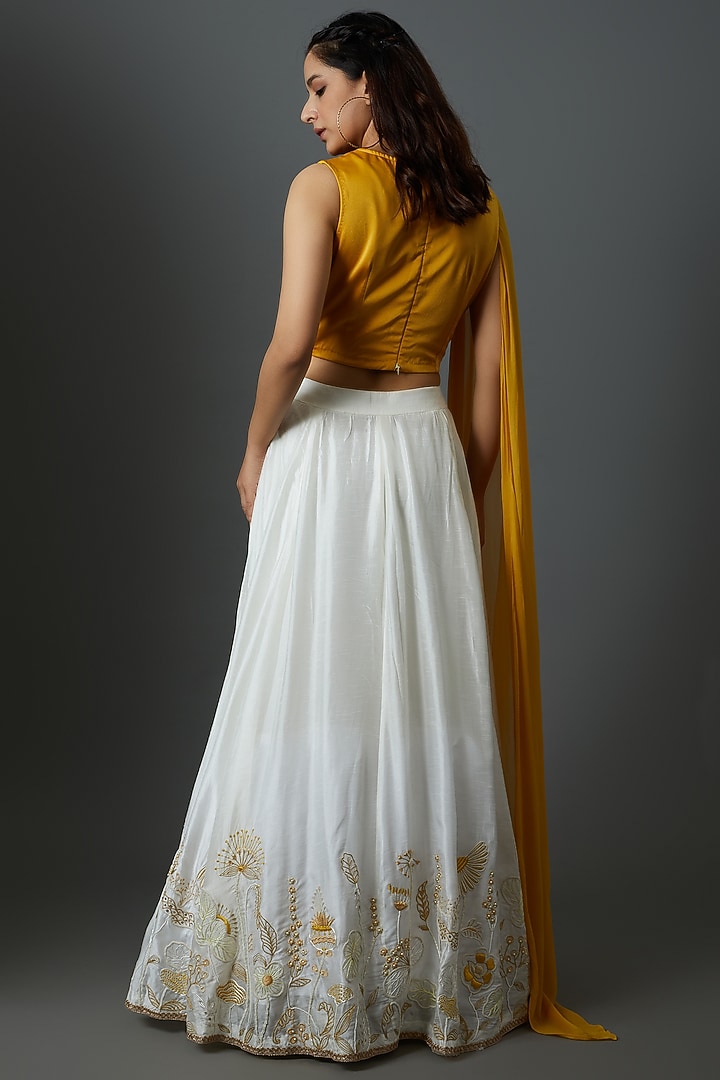 Ivory Satin & Silk Embroidered Skirt Set by 28 Threads at Pernia's Pop Up Shop