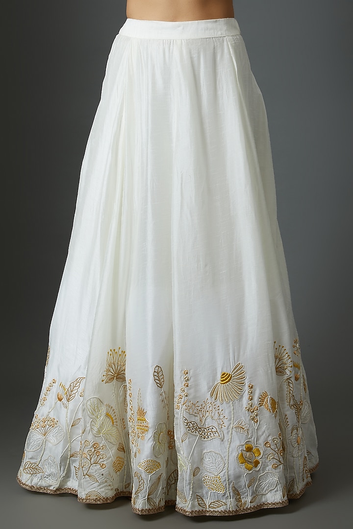 Ivory Satin & Silk Embroidered Skirt Set by 28 Threads at Pernia's Pop Up Shop