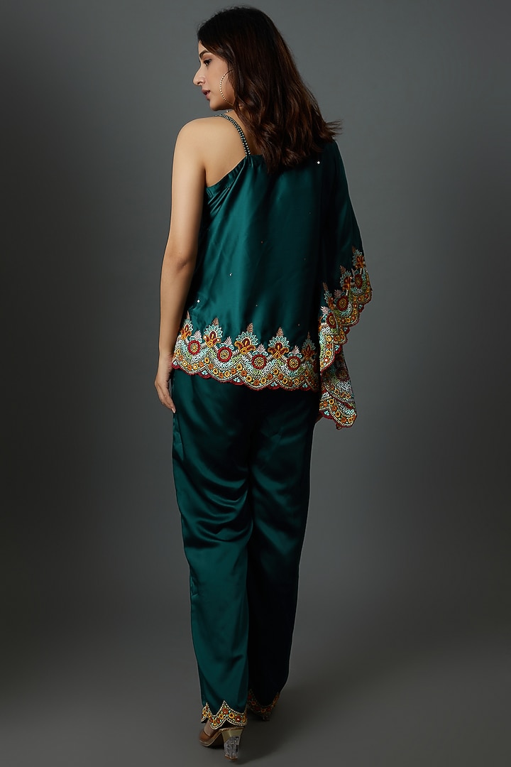 Teal Satin Embroidered Co-Ord Set by 28 Threads at Pernia's Pop Up Shop