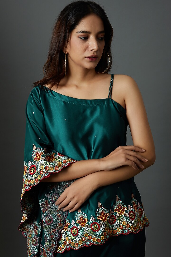Teal Satin Embroidered Co-Ord Set by 28 Threads at Pernia's Pop Up Shop