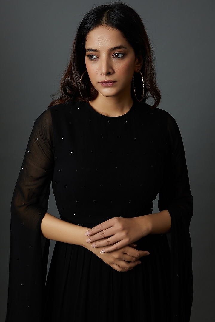 Black Georgette Hand Embroidered Engagement Gown by 28 Threads at Pernia's Pop Up Shop