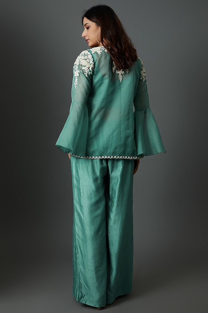 Blue Organza Hand Embroidered Cape Set by 28 Threads at Pernia's Pop Up Shop