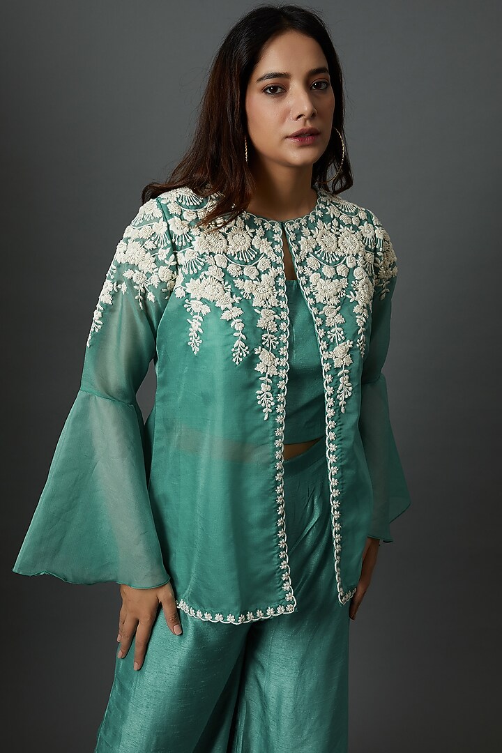 Blue Organza Hand Embroidered Cape Set by 28 Threads at Pernia's Pop Up Shop