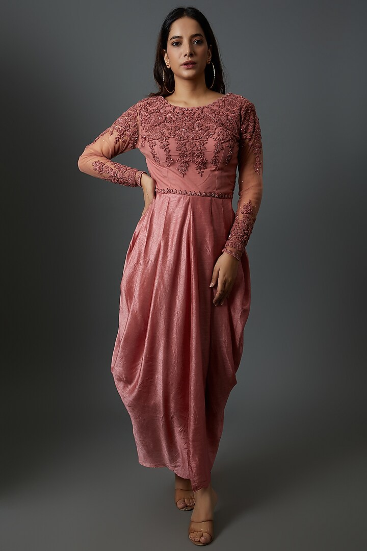 Peach Net & Silk Hand Embroidered Draped Gown by 28 Threads