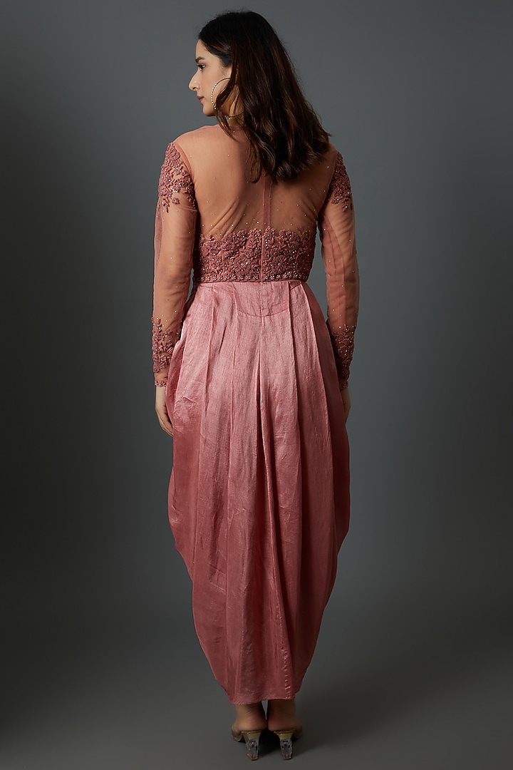 Peach Net & Silk Hand Embroidered Draped Engagement Gown by 28 Threads at Pernia's Pop Up Shop