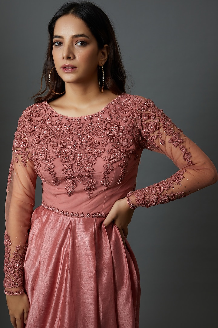 Peach Net & Silk Hand Embroidered Draped Engagement Gown by 28 Threads at Pernia's Pop Up Shop