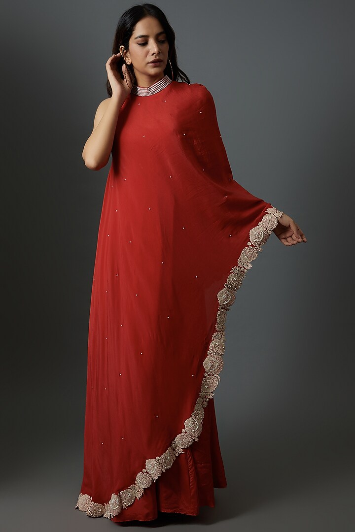 Red Crepe Embroidered Draped One-Shoulder Gown by 28 Threads