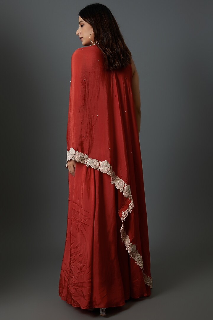 Red Crepe Embroidered Draped One-Shoulder Engagement Gown by 28 Threads at Pernia's Pop Up Shop