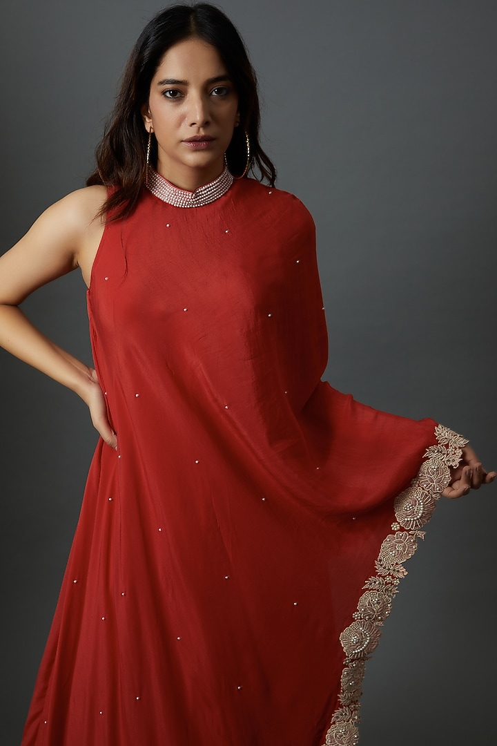 Red Crepe Embroidered Draped One-Shoulder Engagement Gown by 28 Threads at Pernia's Pop Up Shop
