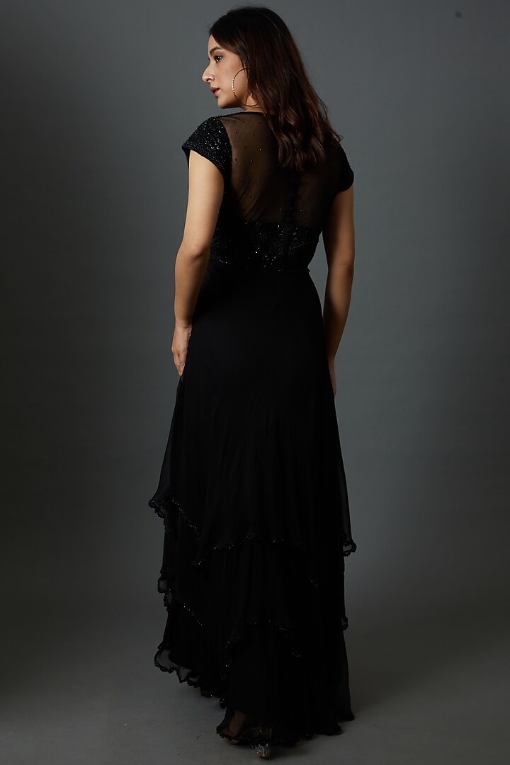 Black Net & Chiffon Hand Embroidered Layered Engagement Gown by 28 Threads at Pernia's Pop Up Shop