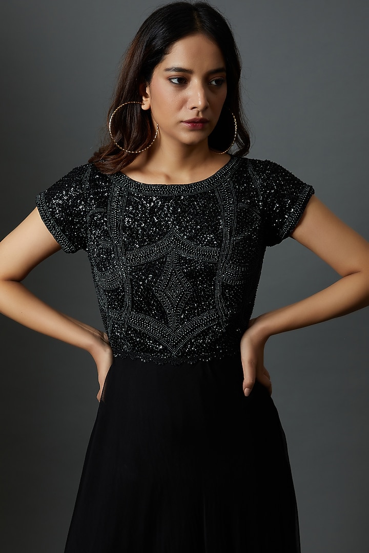 Black Net & Chiffon Hand Embroidered Layered Engagement Gown by 28 Threads at Pernia's Pop Up Shop