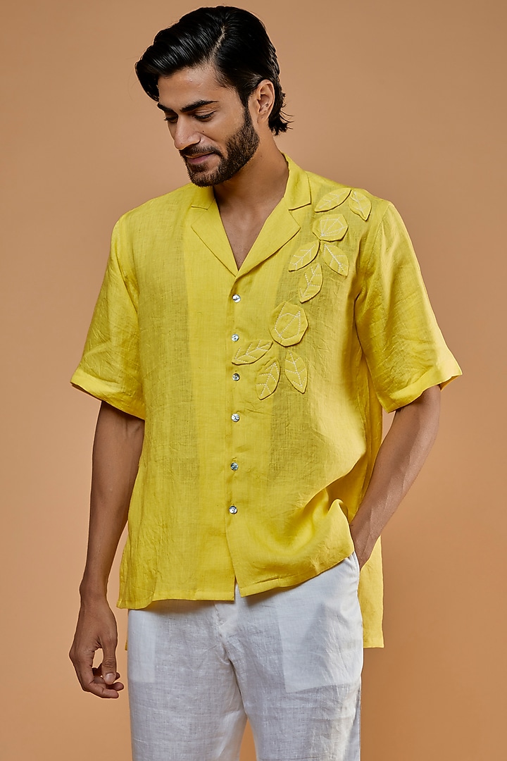 Lemon Yellow Hemp Embroidered Shirt by The Harra Label