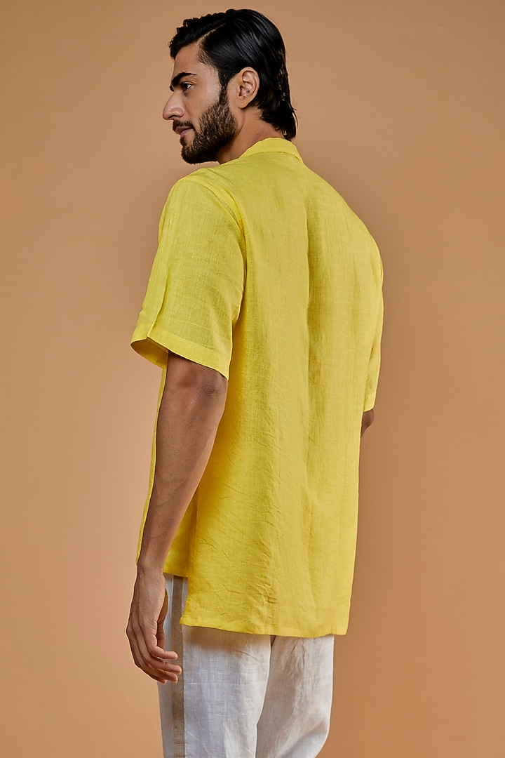 Lemon Yellow Hemp Embroidered Party Wear Shirt by The Harra Label at Pernia's Pop Up Shop