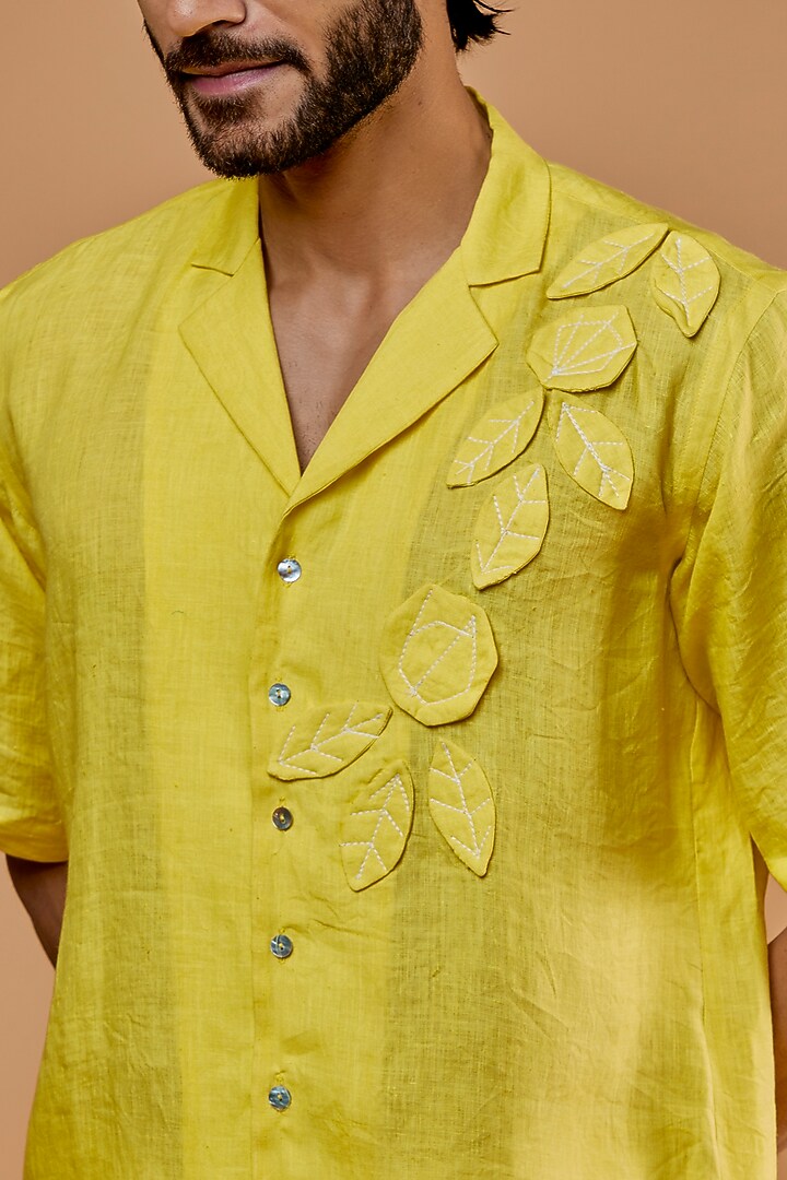 Lemon Yellow Hemp Embroidered Party Wear Shirt by The Harra Label at Pernia's Pop Up Shop