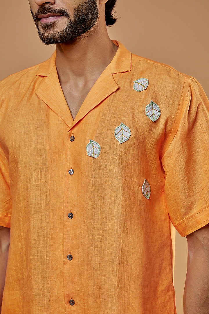 Orange Hemp Embroidered Party Wear Shirt by The Harra Label at Pernia's Pop Up Shop